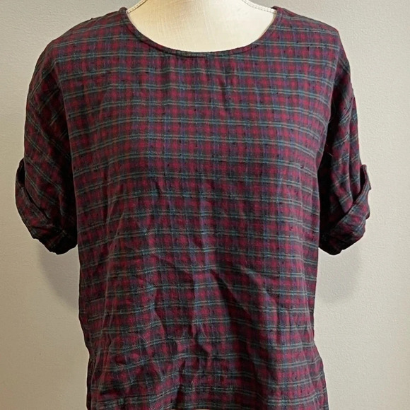 Women’s Madewell Boxy Crewneck Tee Top in fall Plaid.  Cuffed sleeves. Size S - Picture 3 of 7